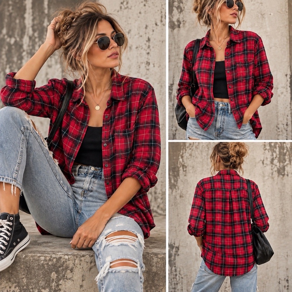 Hollister Plaid Button Up Shirt Women L Red Black Flannel Hi Low Boyfriend Fall